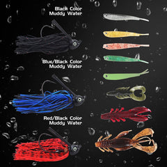 Swim Jigs with colored silicone skirts and soft trailers
