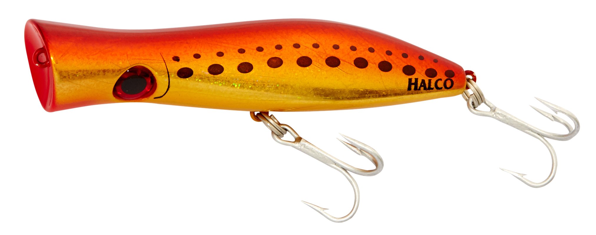 Halco Roosta Popper RP135 King Brown; surface lure for exciting strikes and bubble trails.