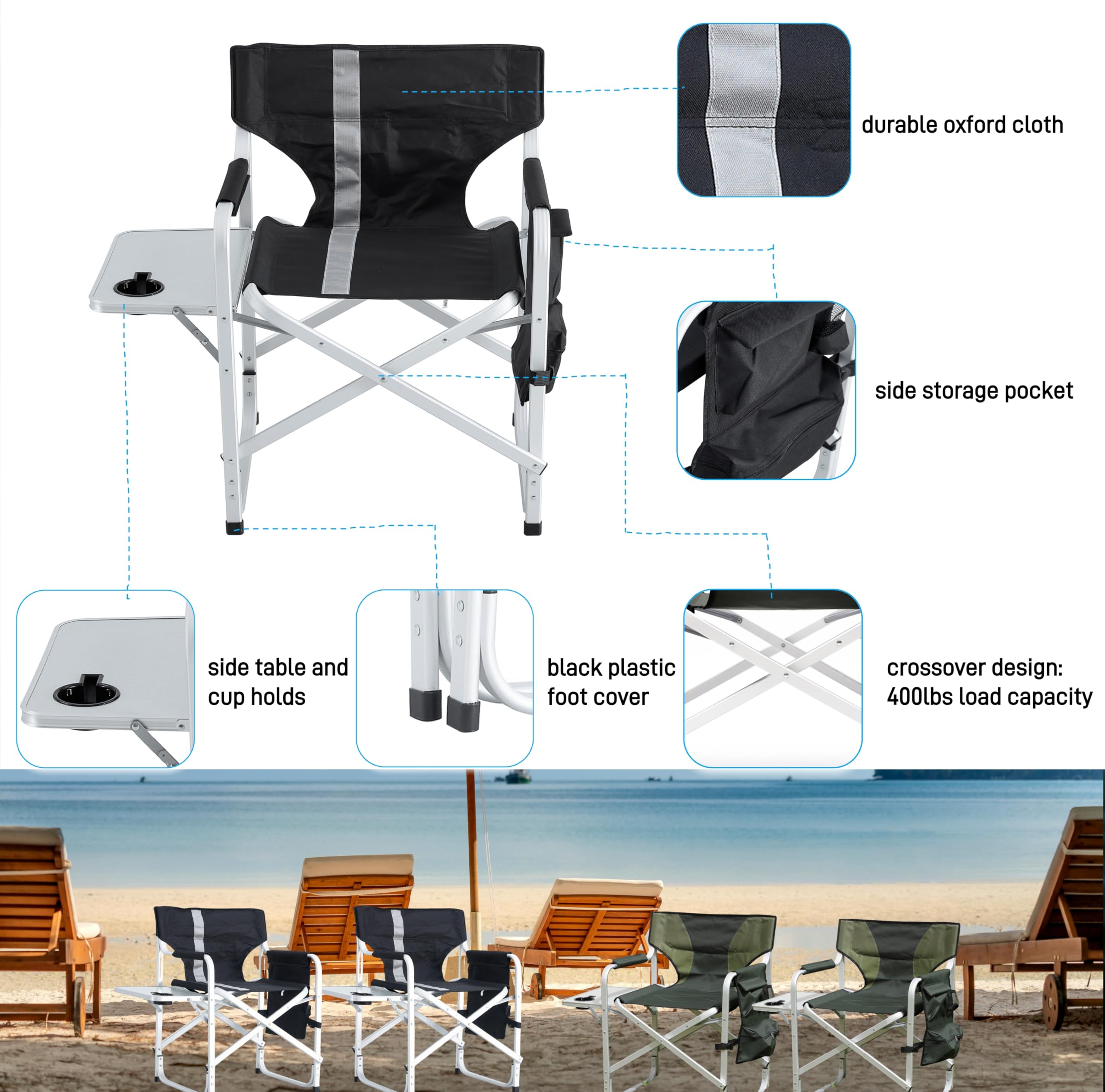 Hallohi director's chair folds compactly for simple storage and transport.