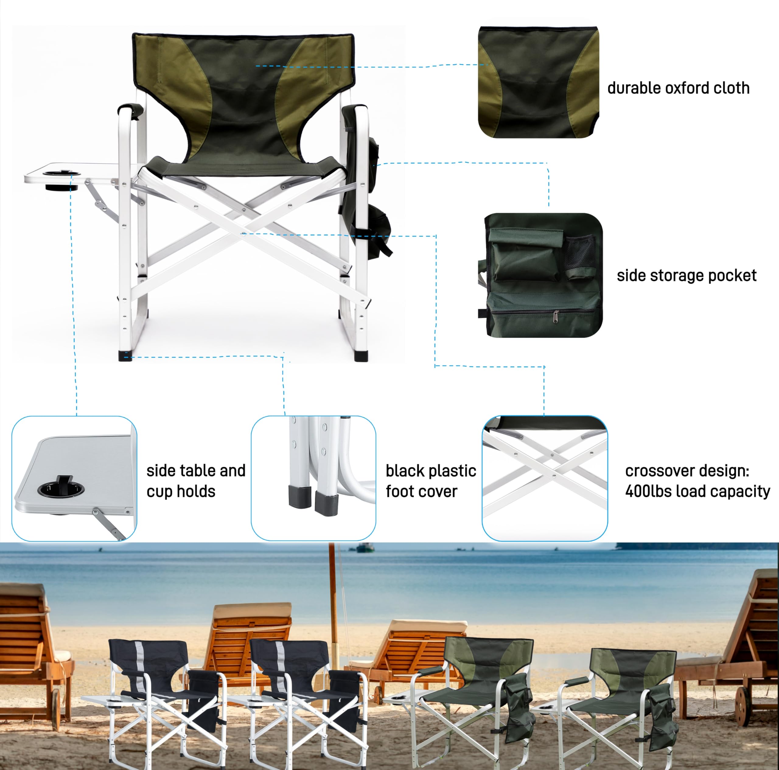  HALLOHII director's chair with side table and cup holder for convenience.