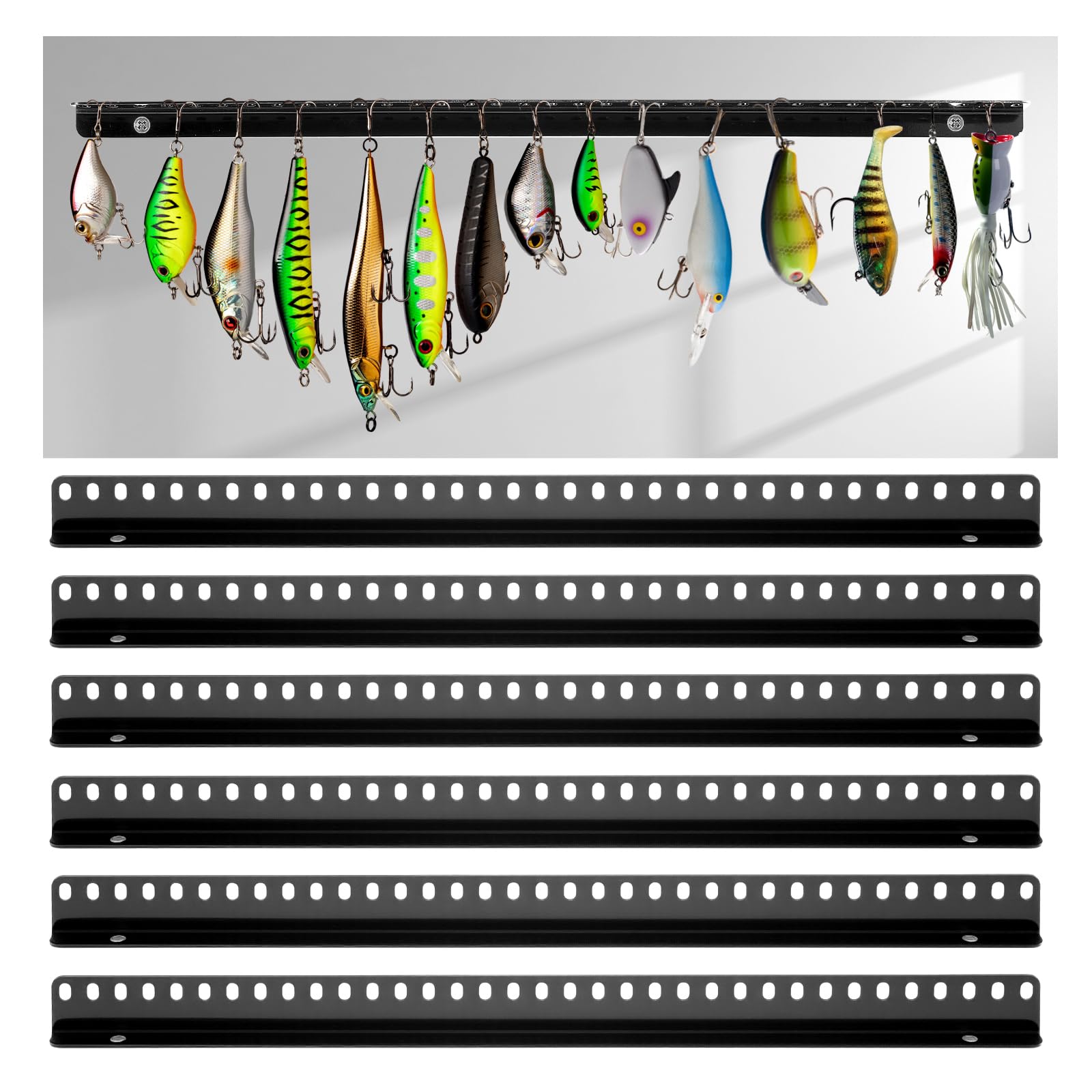 Halloscume 6 piece fishing lure display rack mounted on wall
