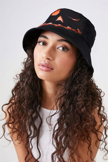 Reversible bucket hat showing pumpkin print and solid color sides