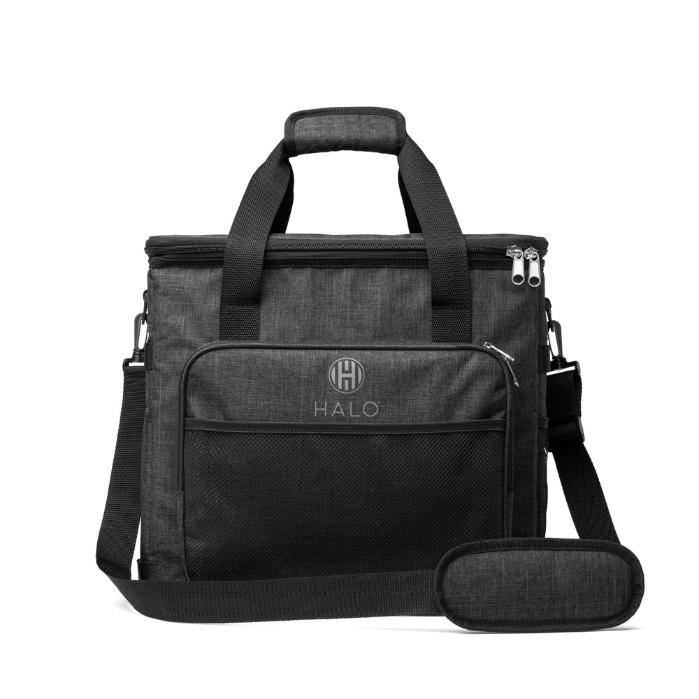 HALO Hybrid Cooler and Warmer Bag collapsed for easy car travel and compact storage.