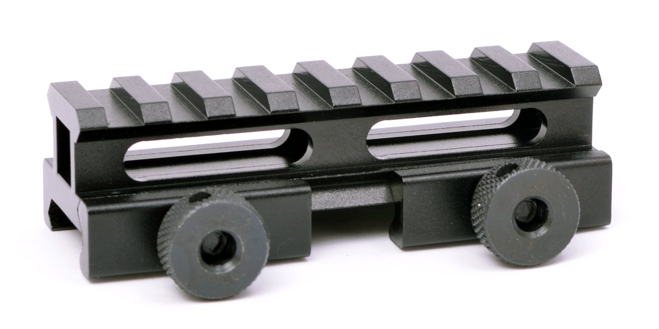 Hammers red dot riser mount with Picatinny rail and eight slots for secure alignment.