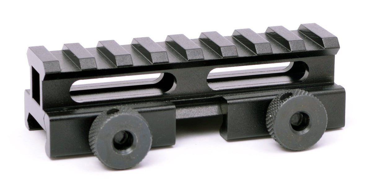 Hammers red dot riser mount with Picatinny rail and eight slots for secure alignment.
