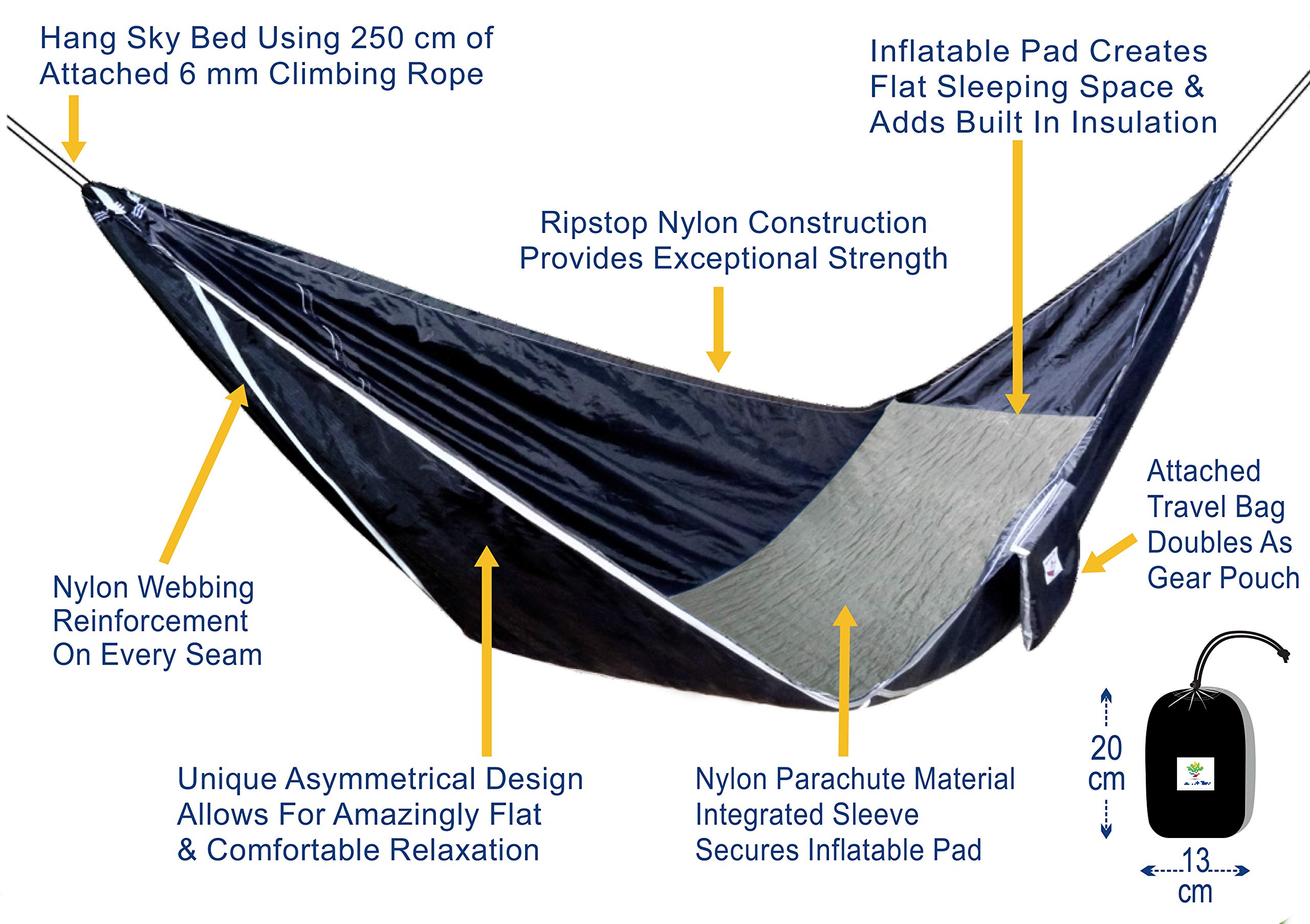 Hammock Bliss Sky Bed fits 72x20 inflatable pads securely