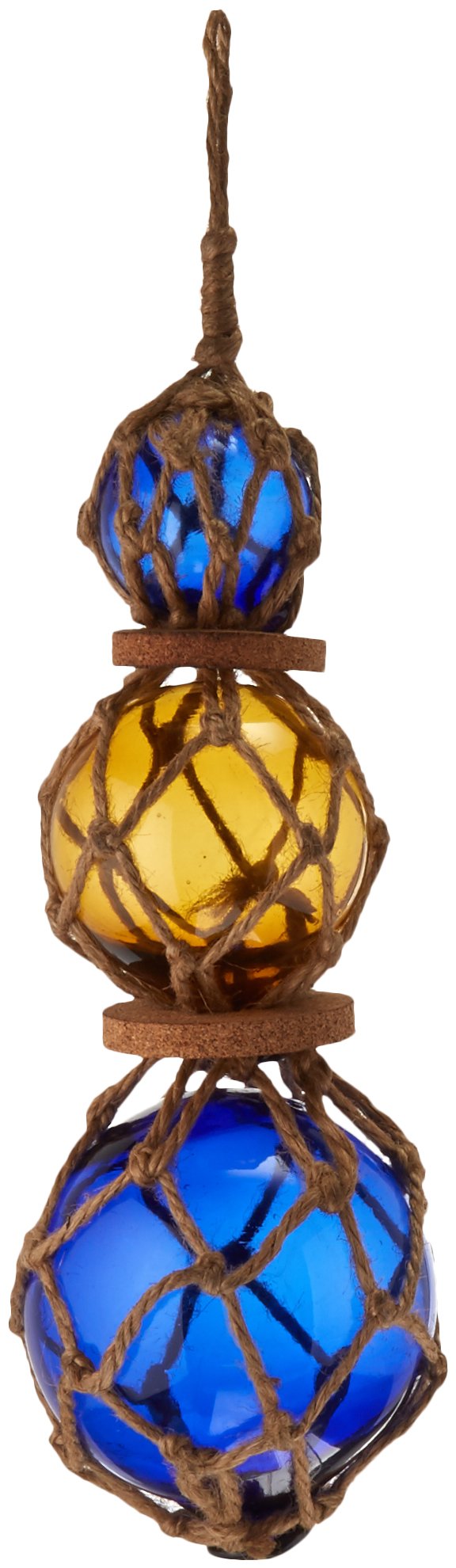 11-inch blue amber blue Japanese glass ball fishing float with brown netting on wall display