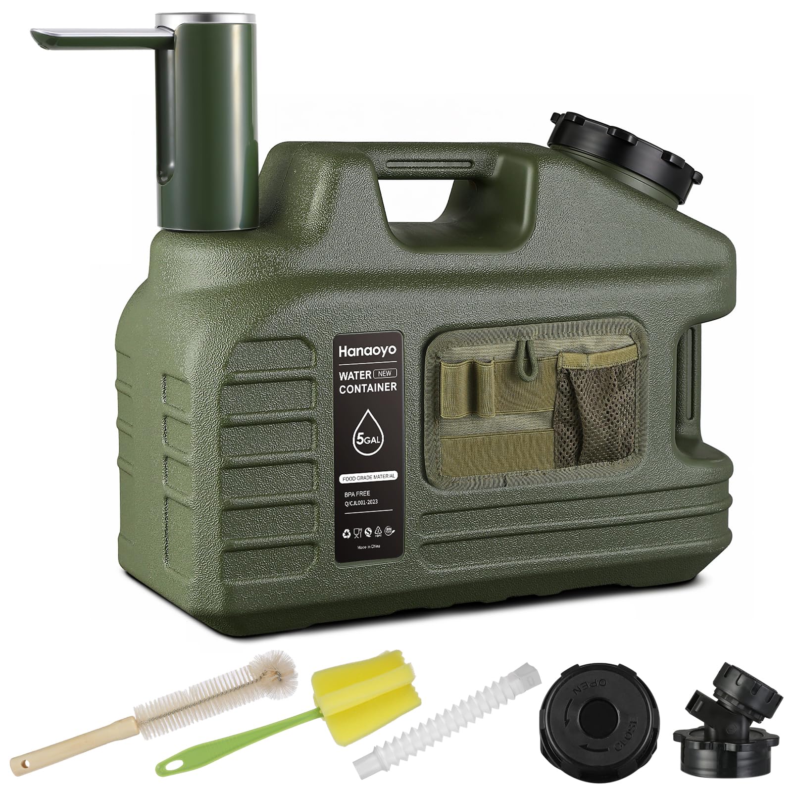 Hanaoyo 5-gallon water jug with pump side view for easy outdoor dispensing.