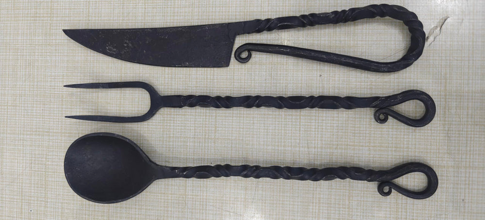 Hand Forged Medieval Viking Cutlery Set leather pouch for transport