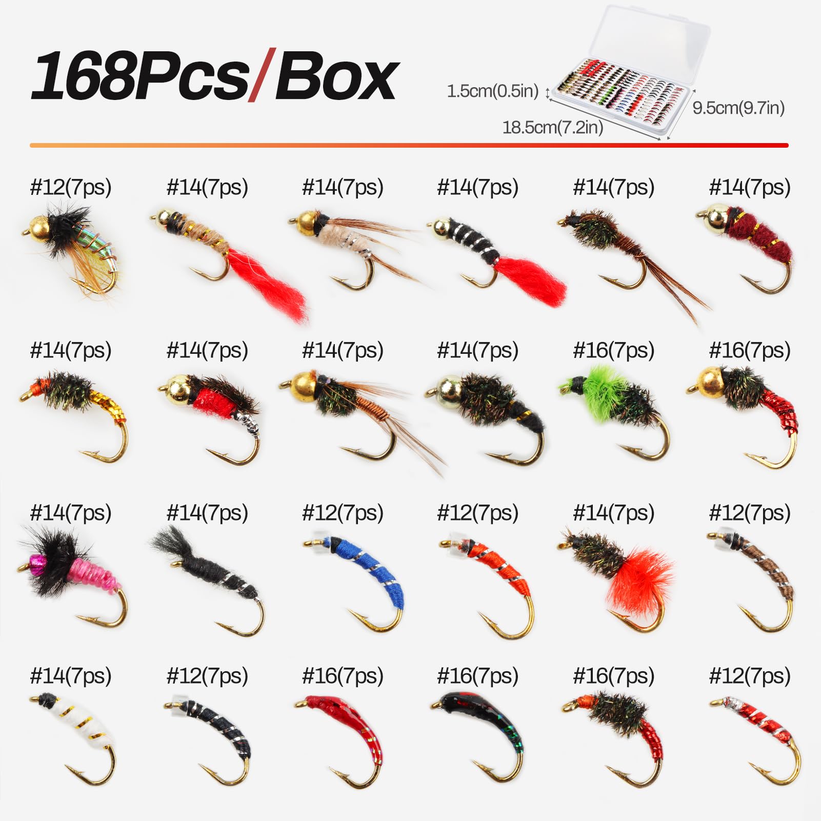 Hand-tied nymph flies in 24 patterns