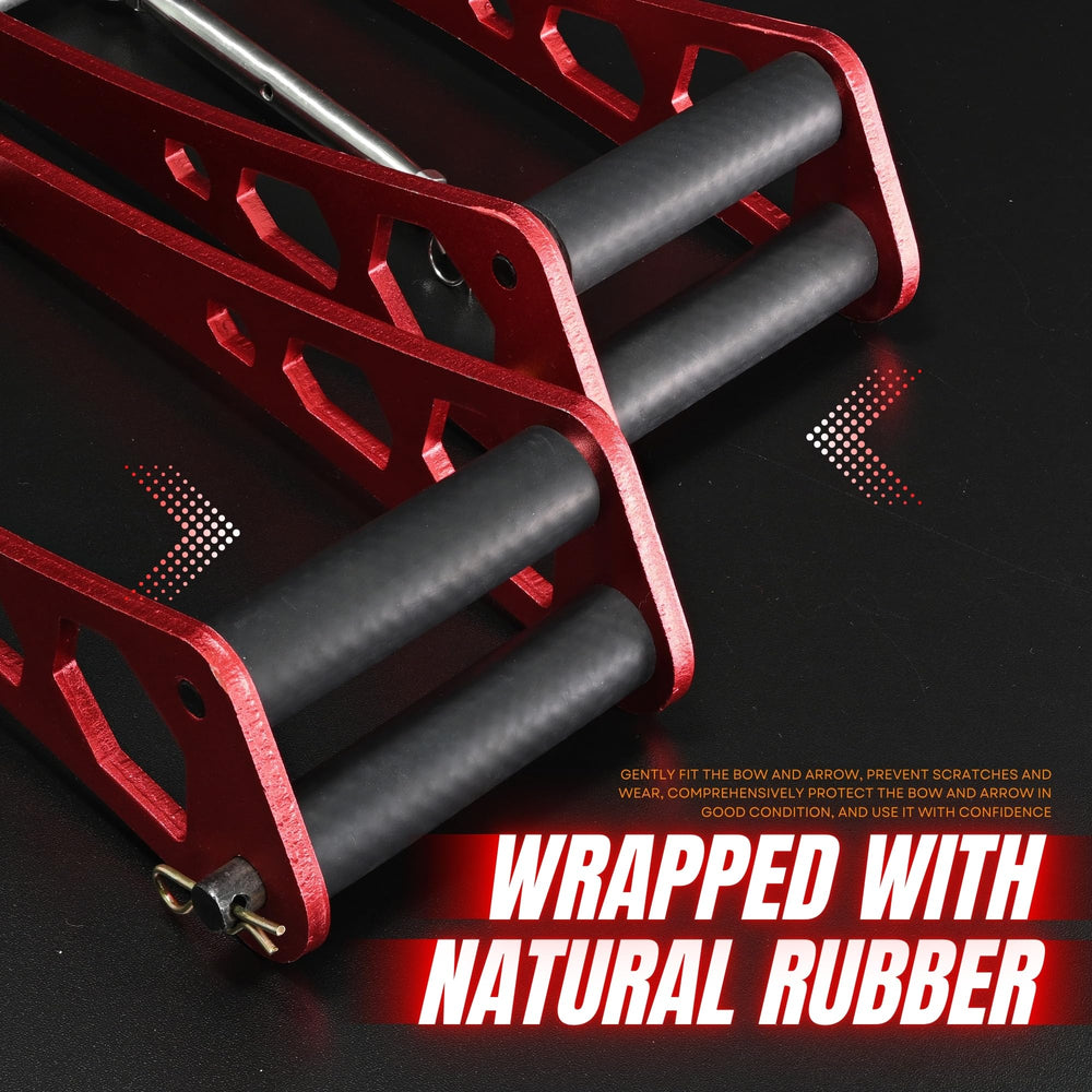 Handheld Bow Press red aluminum frame highlights durable construction.