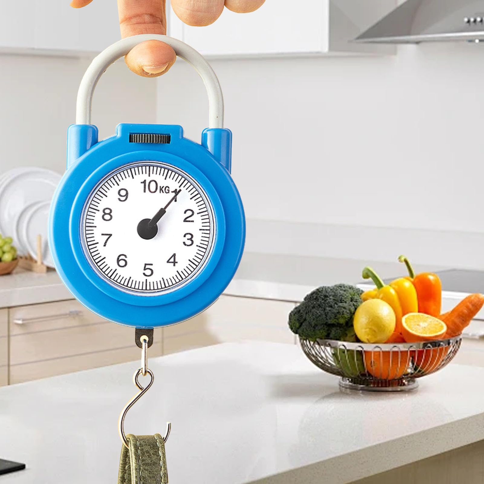 Compact blue handheld scale on a white surface