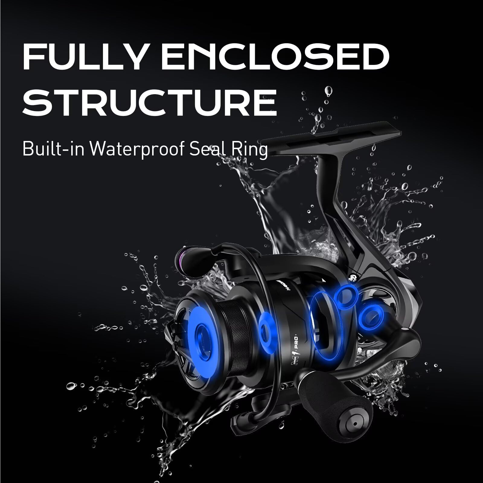 Handing M1 Pro reel shows waterproof seal for easy cleaning after saltwater fishing.