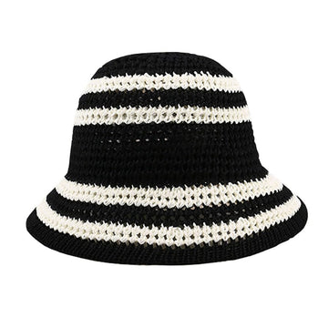 Front view of handmade black crochet straw sun hat with colorblocked striped pattern