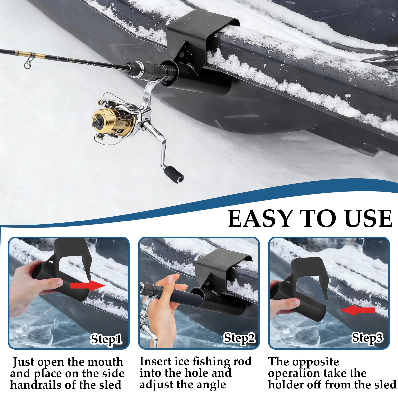 Hands-free rod holder securing a fishing rod on ice