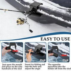 Hands-free rod holder securing a fishing rod on ice