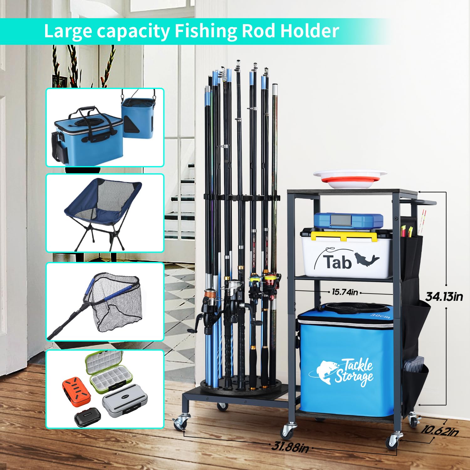 Heavy-duty fishing rod rack with lockable wheels