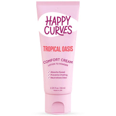 Happy Curves bottle applying lotion-to-powder for all-day dryness and comfort.