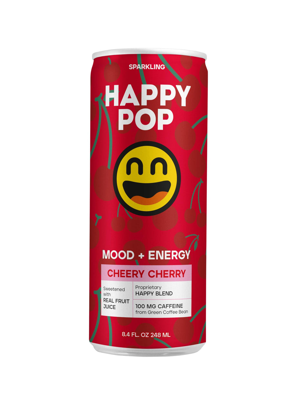 Happy POP Cheery Cherry can front view, bright energy on the go.