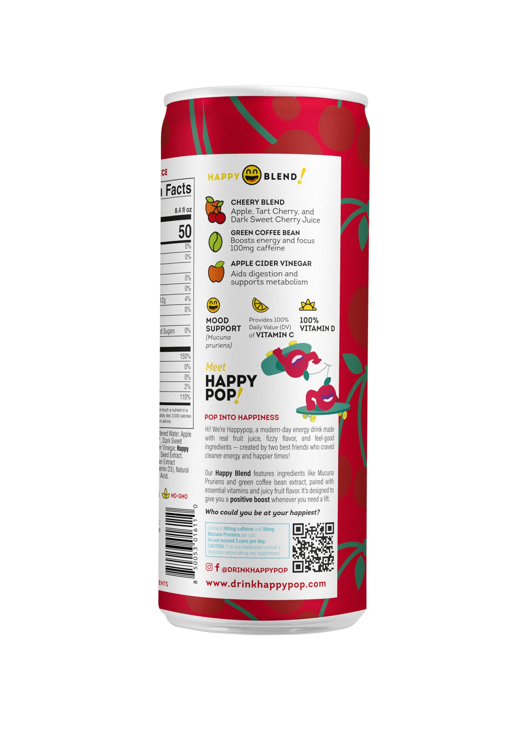 Happy POP Cheery Cherry can poured into glass for a refreshing lift.