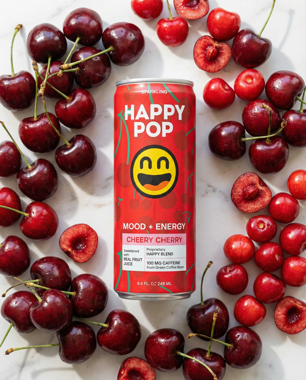 Happy POP Cheery Cherry ingredient close-up shows real fruit juice.