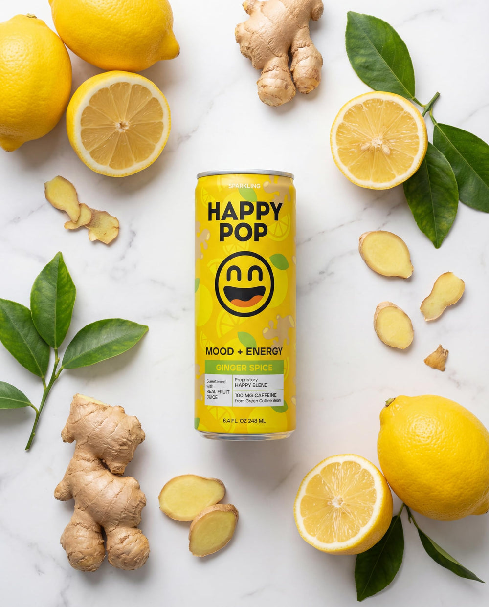 Happy Pop Ginger Spice 12-pack emphasizes convenient low sugar energy for daily use.