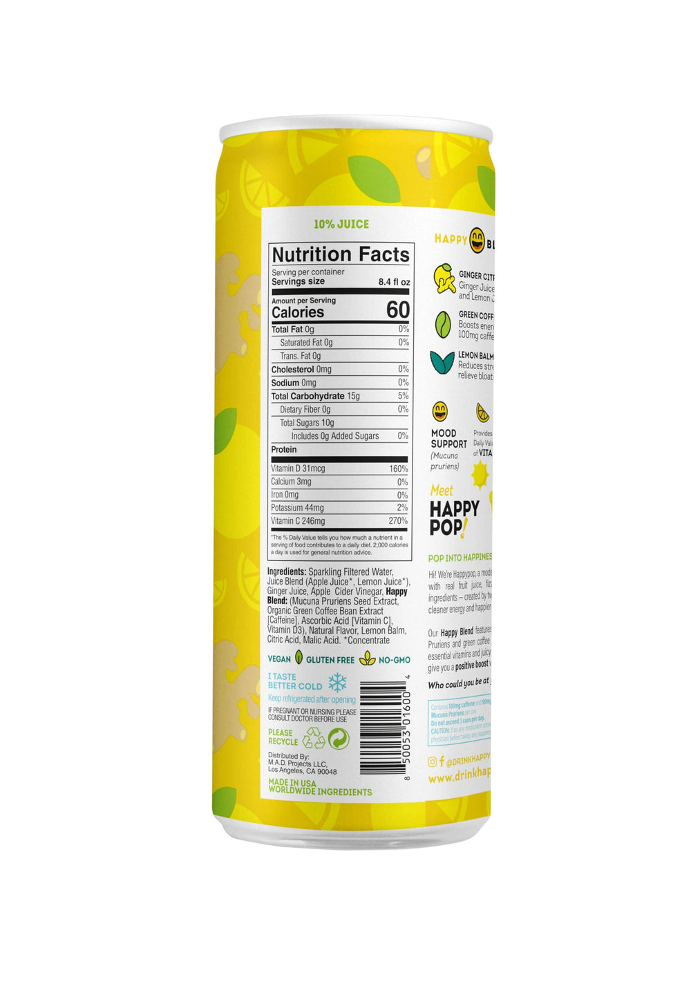 Happy Pop Ginger Spice label detail highlights real fruit sweetness and clean ingredients.