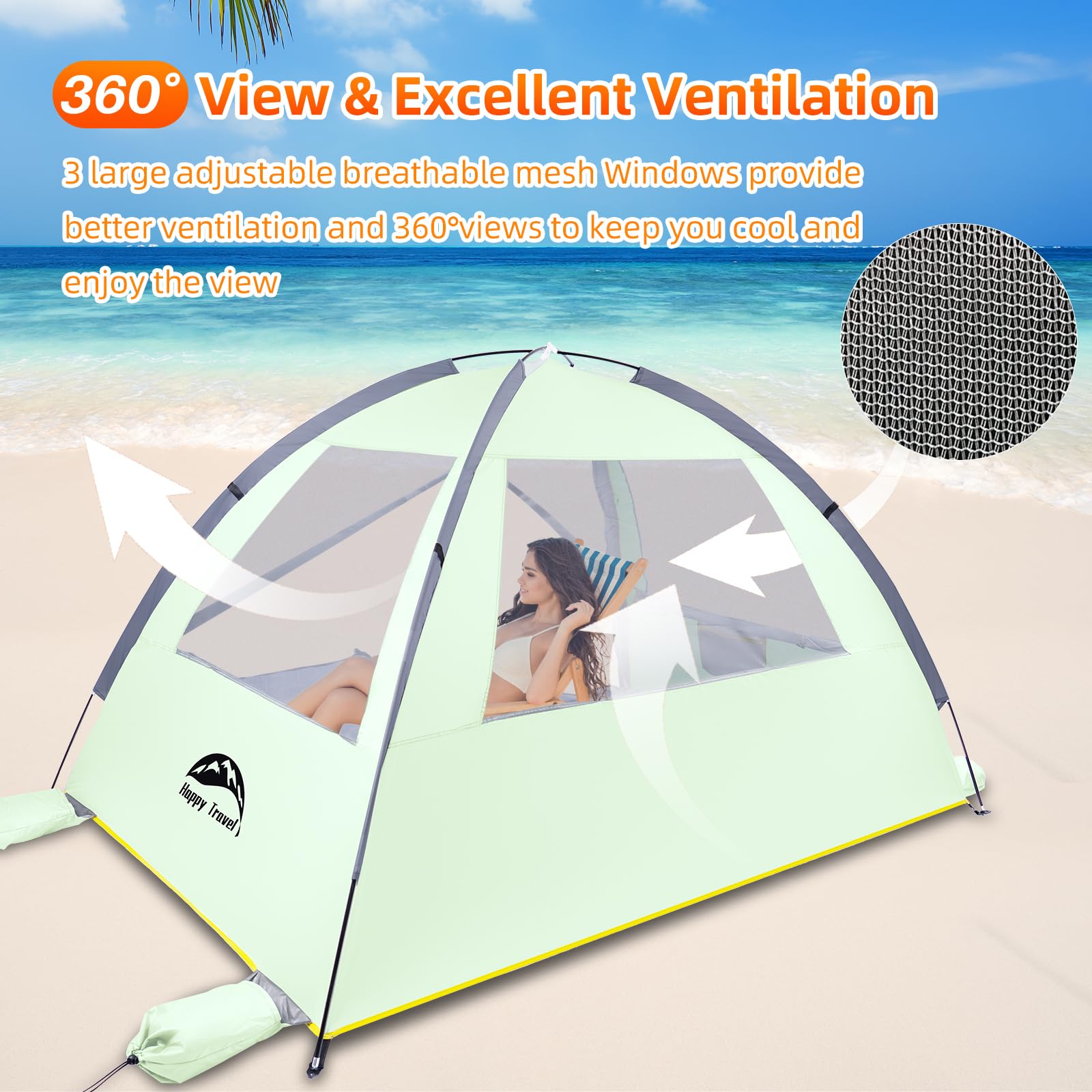 Happy Travel beach tent dimensions 260 by 165 by 150 cm for roomy seating.
