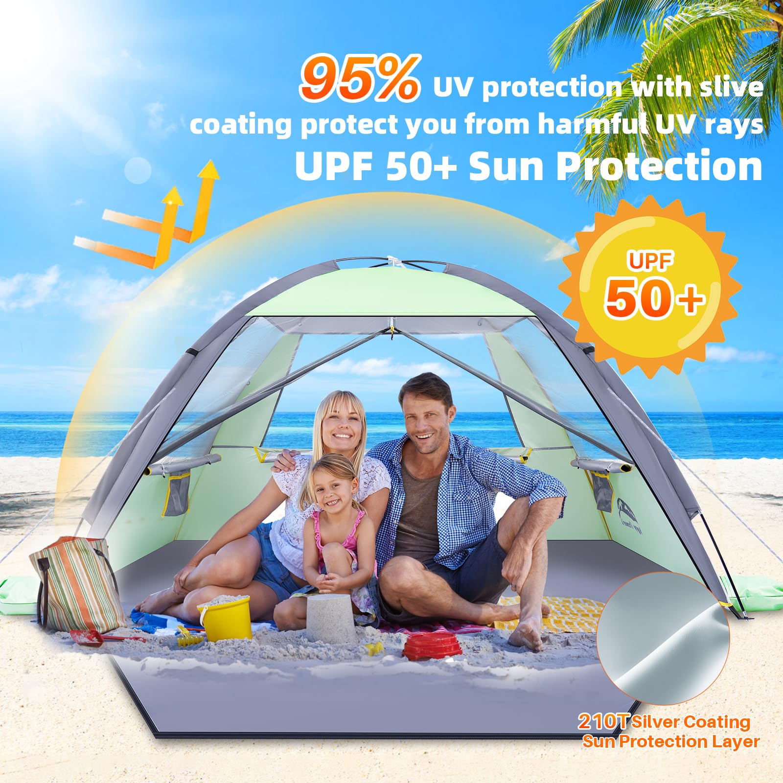 Happy Travel beach tent sandproof design withstands windy beach days.