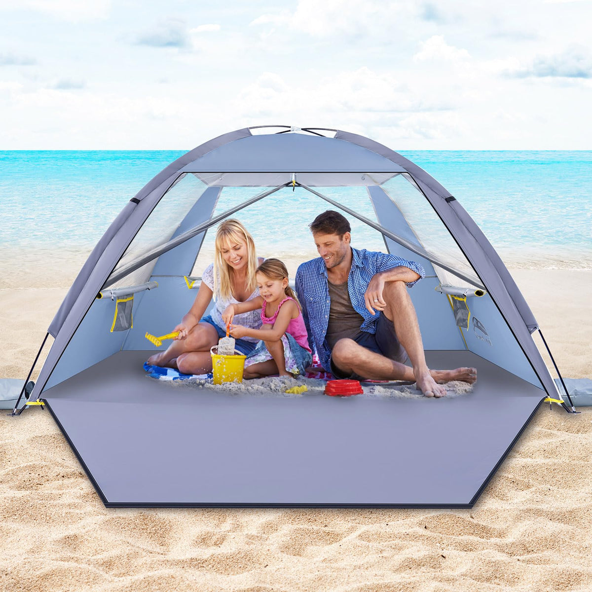 Happy Travel beach tent setup shows quick, easy assembly for family beach days.