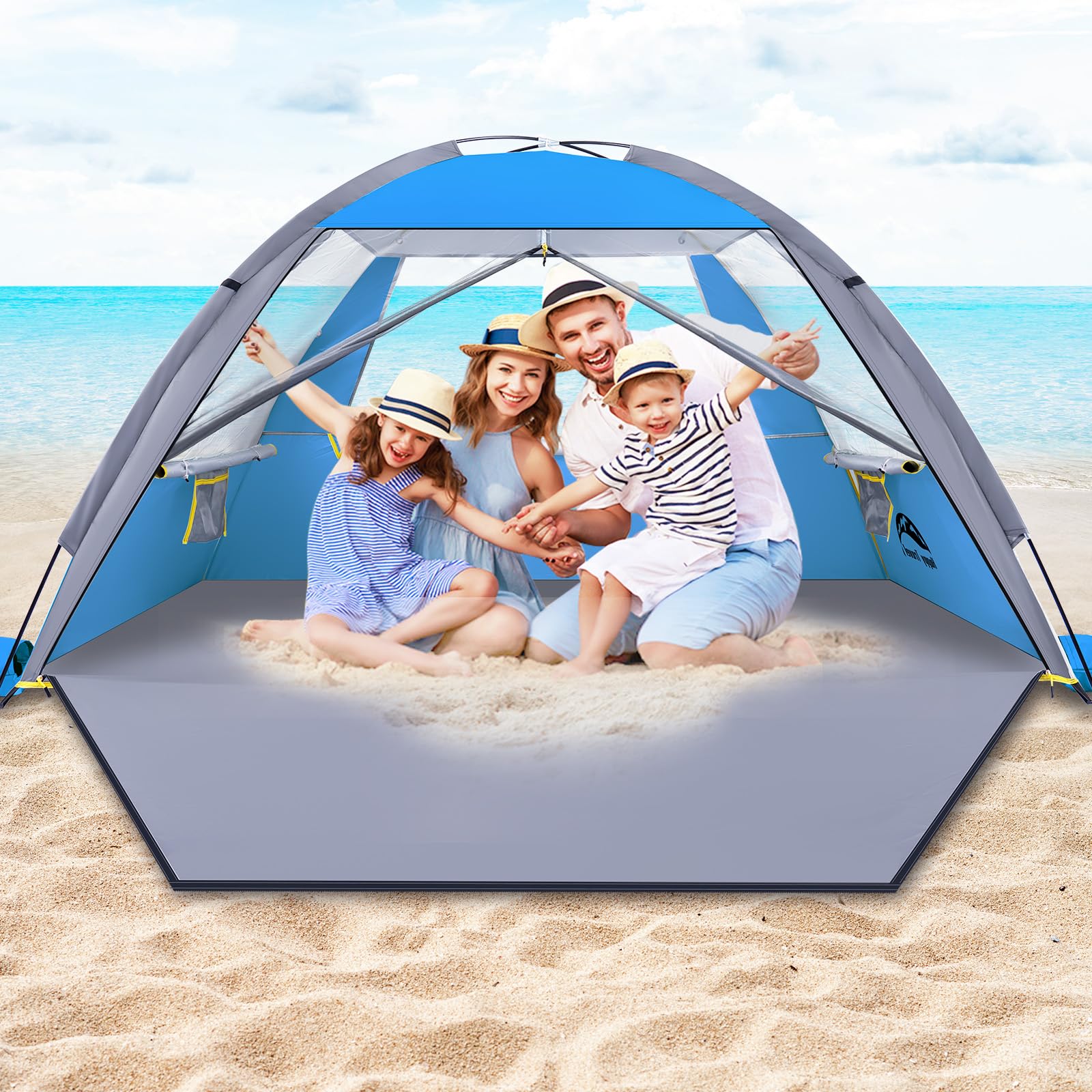 Happy Travel beach tent setup shows quick assembly for instant family shade.