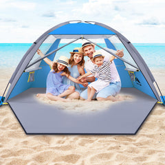 Happy Travel beach tent setup shows quick assembly for instant family shade.
