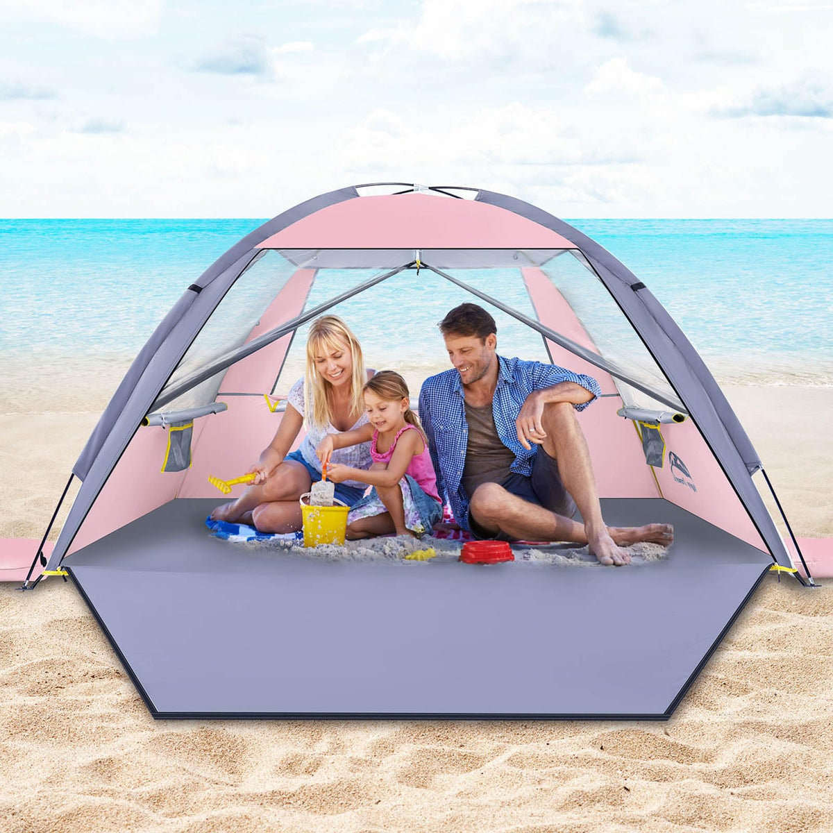 Happy Travel Beach Tent sun shade visual showing UPF 50+ protection for family beach day.