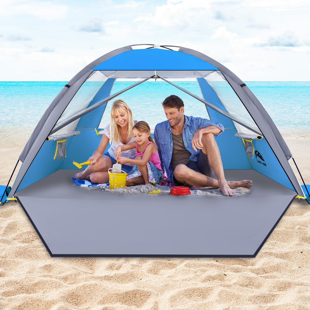 Happy Travel Beach Tent UPF50+ protection shields skin on sunny beach days.