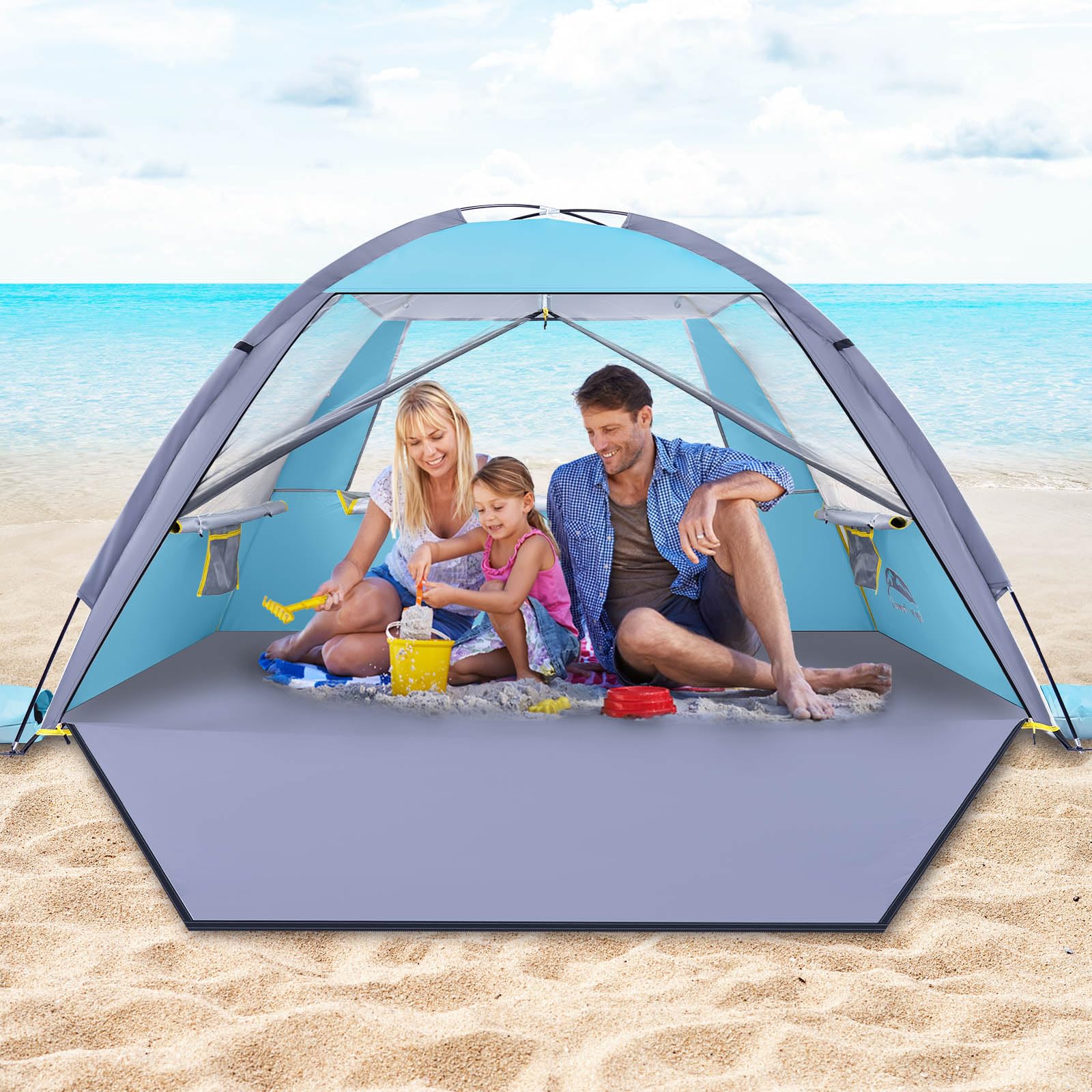 Happy Travel Beach Tent showing UPF 50+ protection shielding family from sun