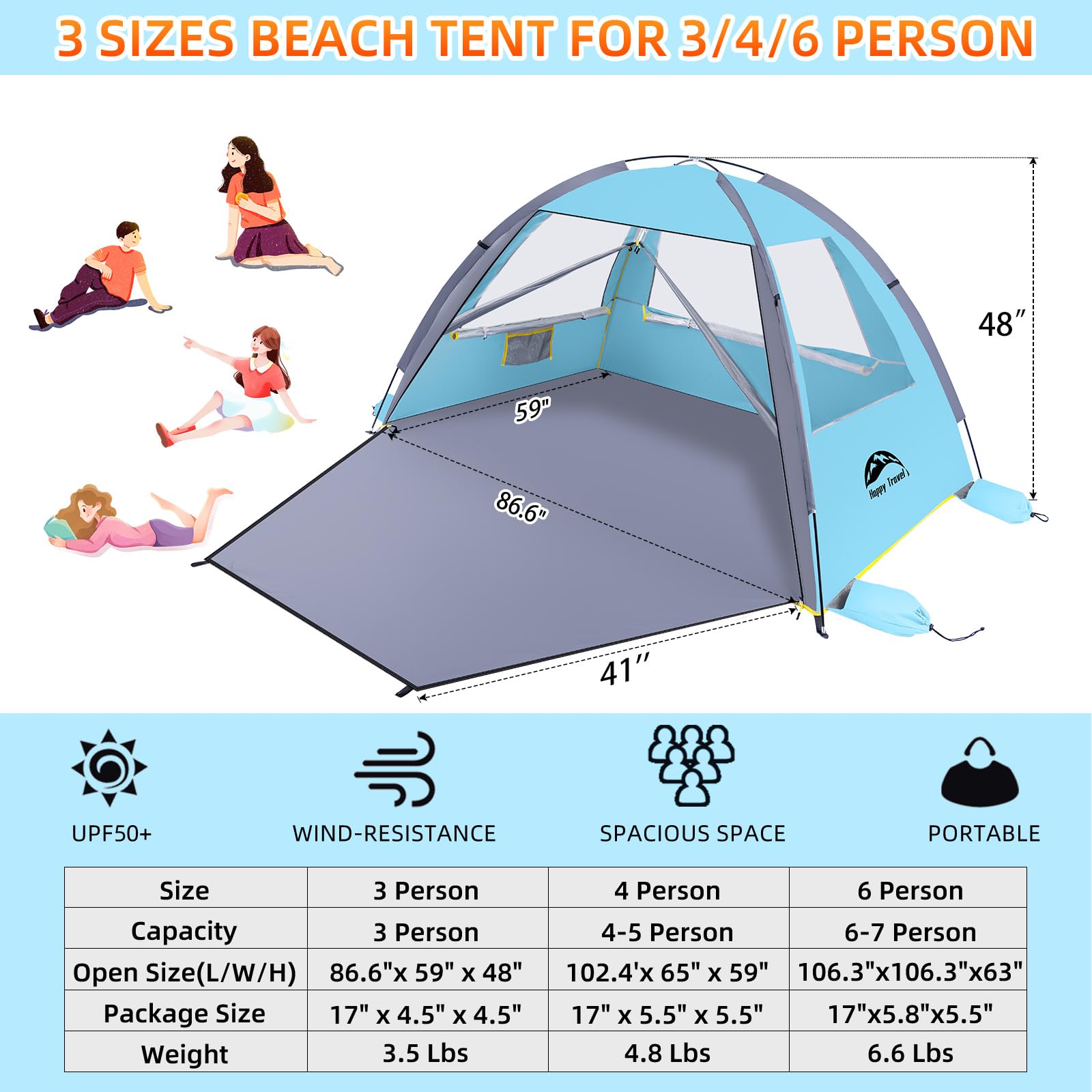 Happy Travel Beach Tent with four ventilation windows filtering breeze and views