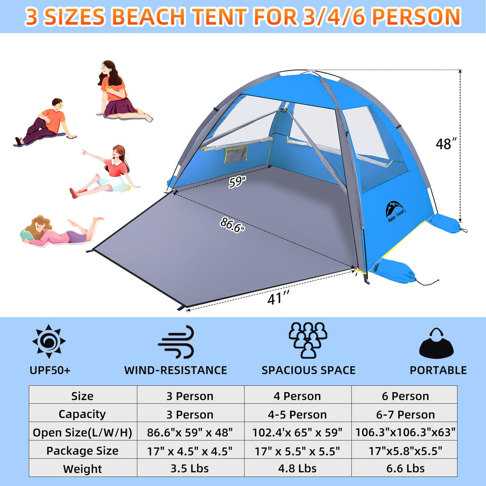 Happy Travel Beach Tent four-side ventilation windows provide breeze and views.