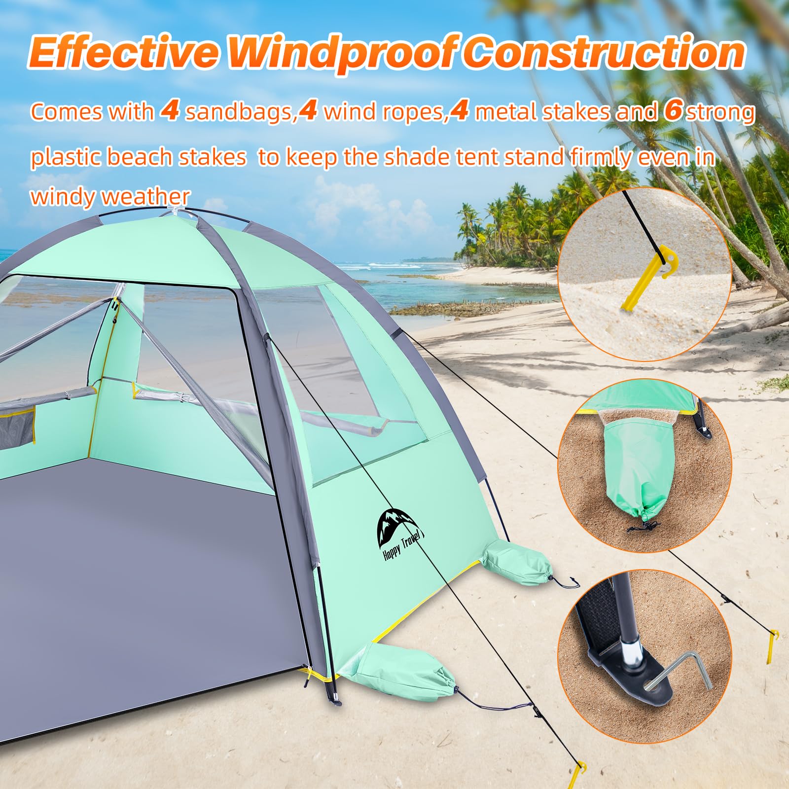Happy Travel Beach Tent windproof design with stakes for stability