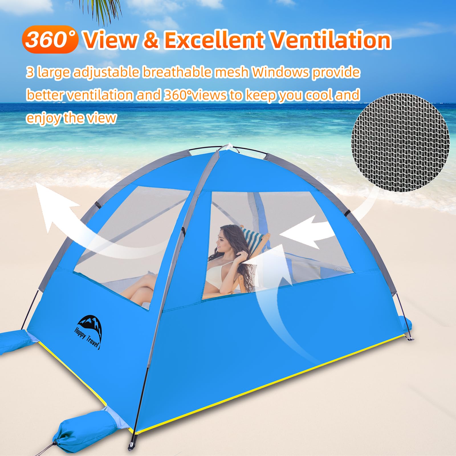 Happy Travel Beach Tent windproof design with stakes for stable shade.