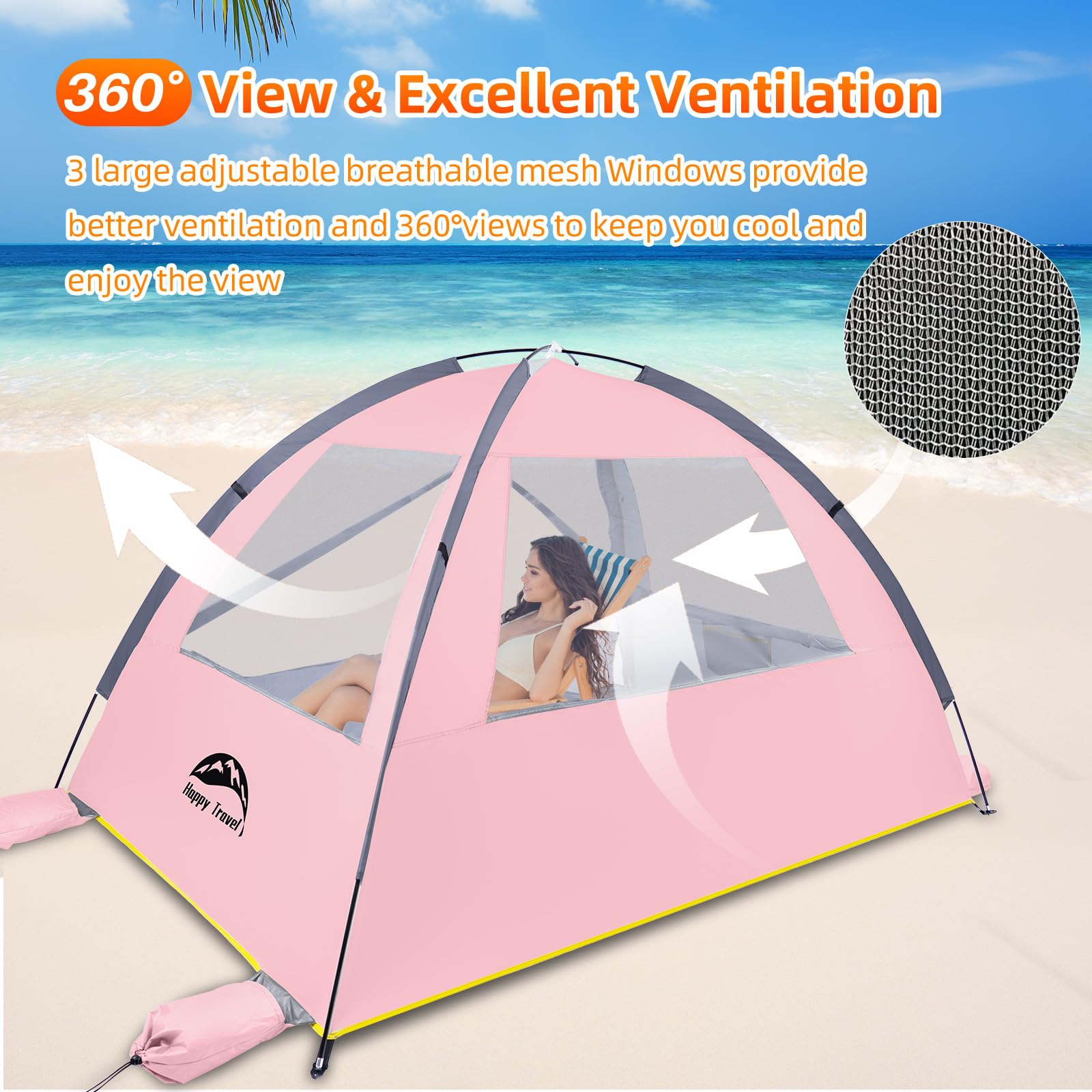 Happy Travel Beach Tent windproof structure with stakes and sandbags for stability.