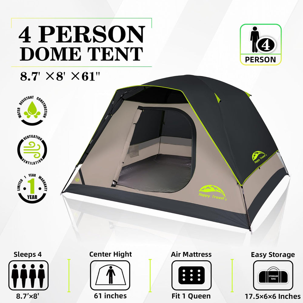 Happy Travel camping tent 4-person dark rainfly demonstrates quick weather protection during rainstorms.