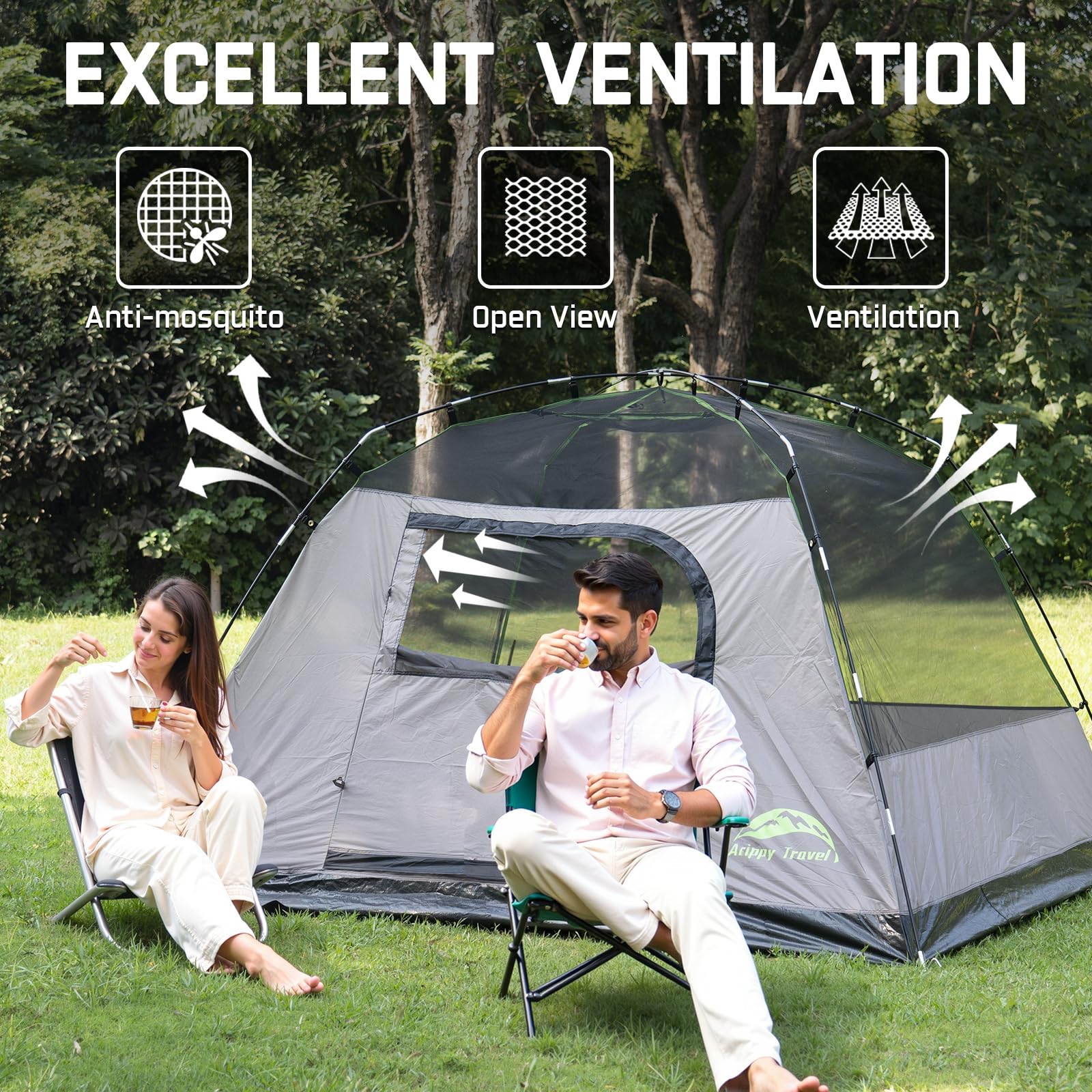 Happy Travel camping tent waterproof 2000mm protection withstands unexpected showers.