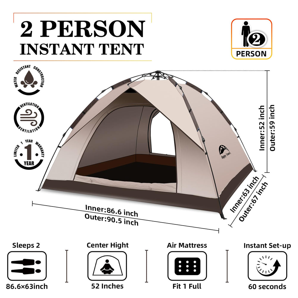 Happy Travel family tent dimensions show spacious area for two.