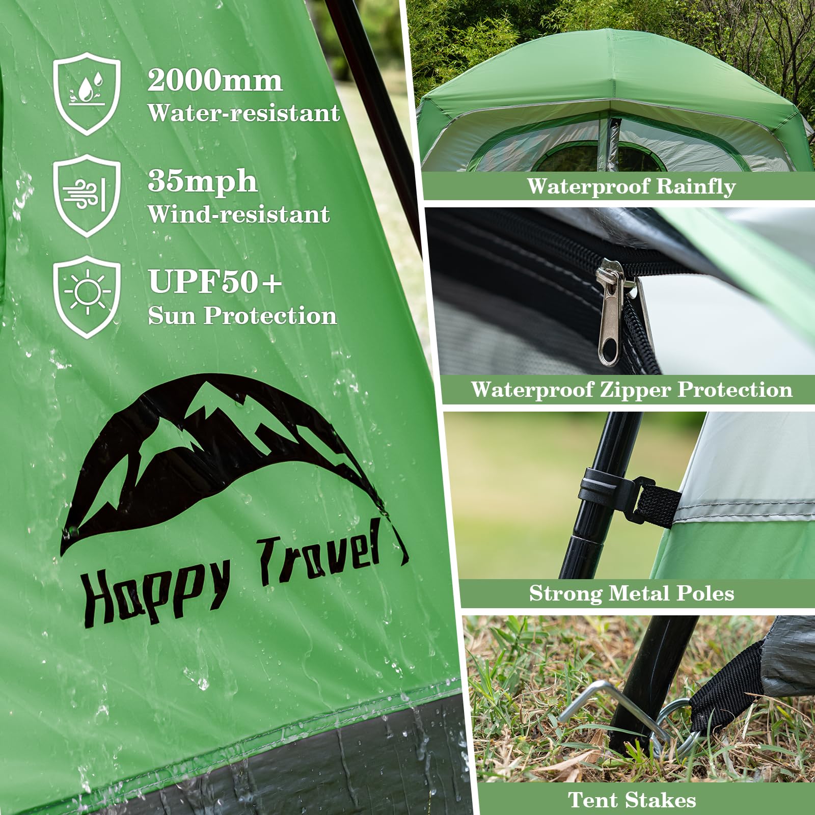 Happy Travel 19mm poles and guylines provide sturdy wind resistance