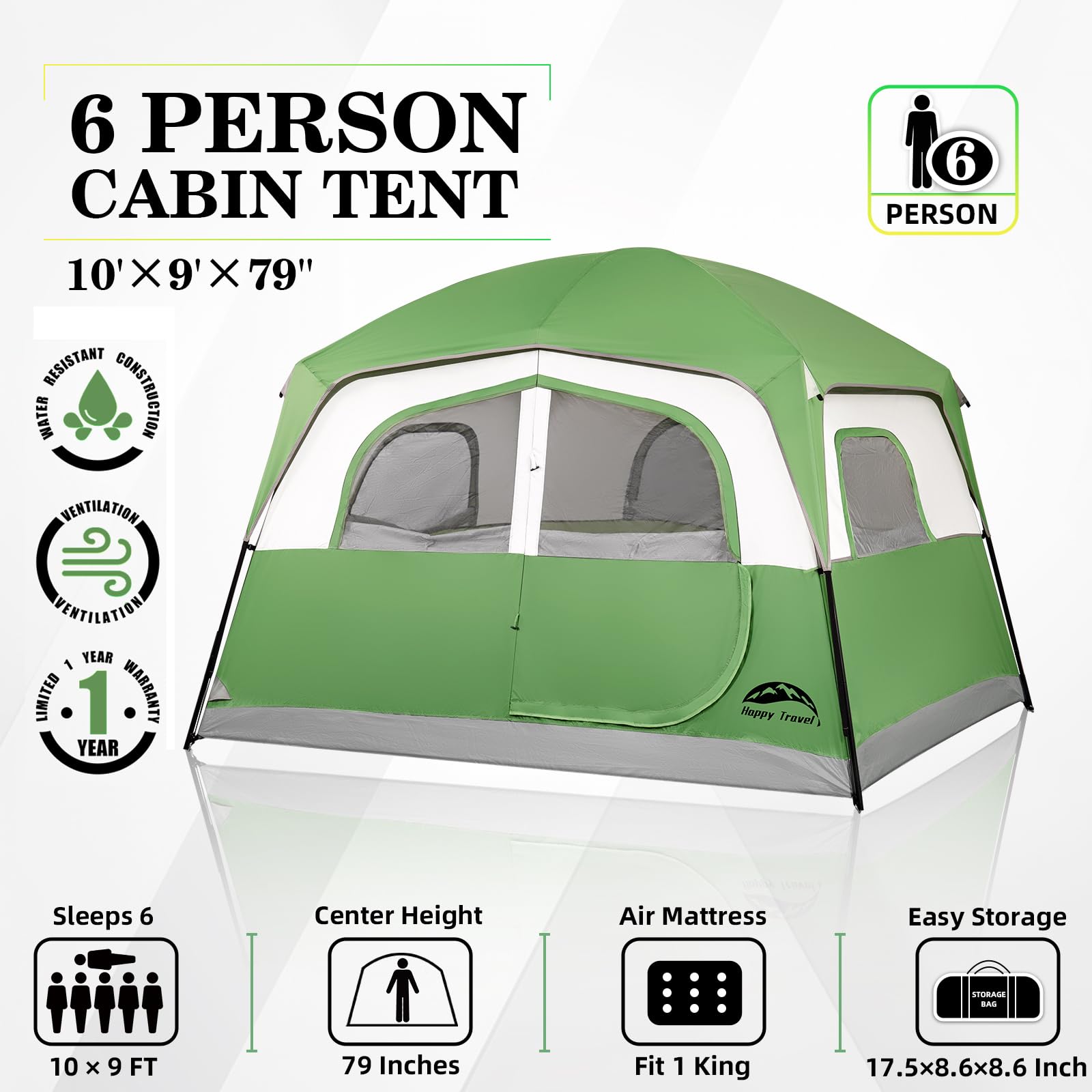 Happy Travel 6P tent interior with tall ceiling for comfortable sleeping