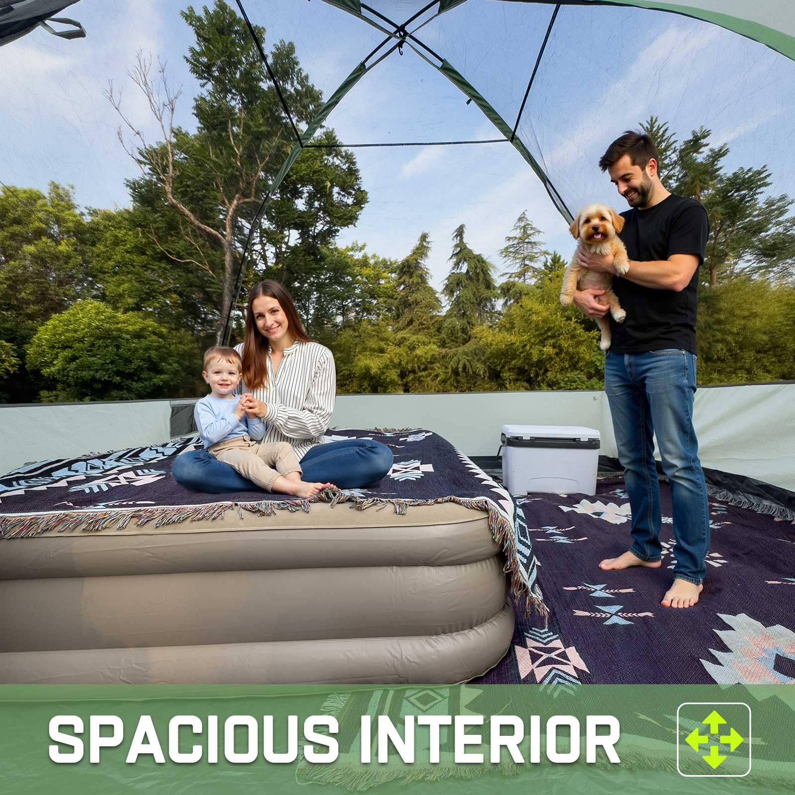 Happy Travel tent 77-inch centre height enhances standing comfort in family camping.