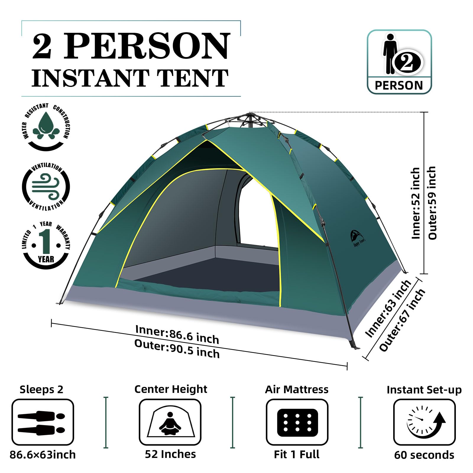 Happy Travel tent dimensions show roomy space for two adults.