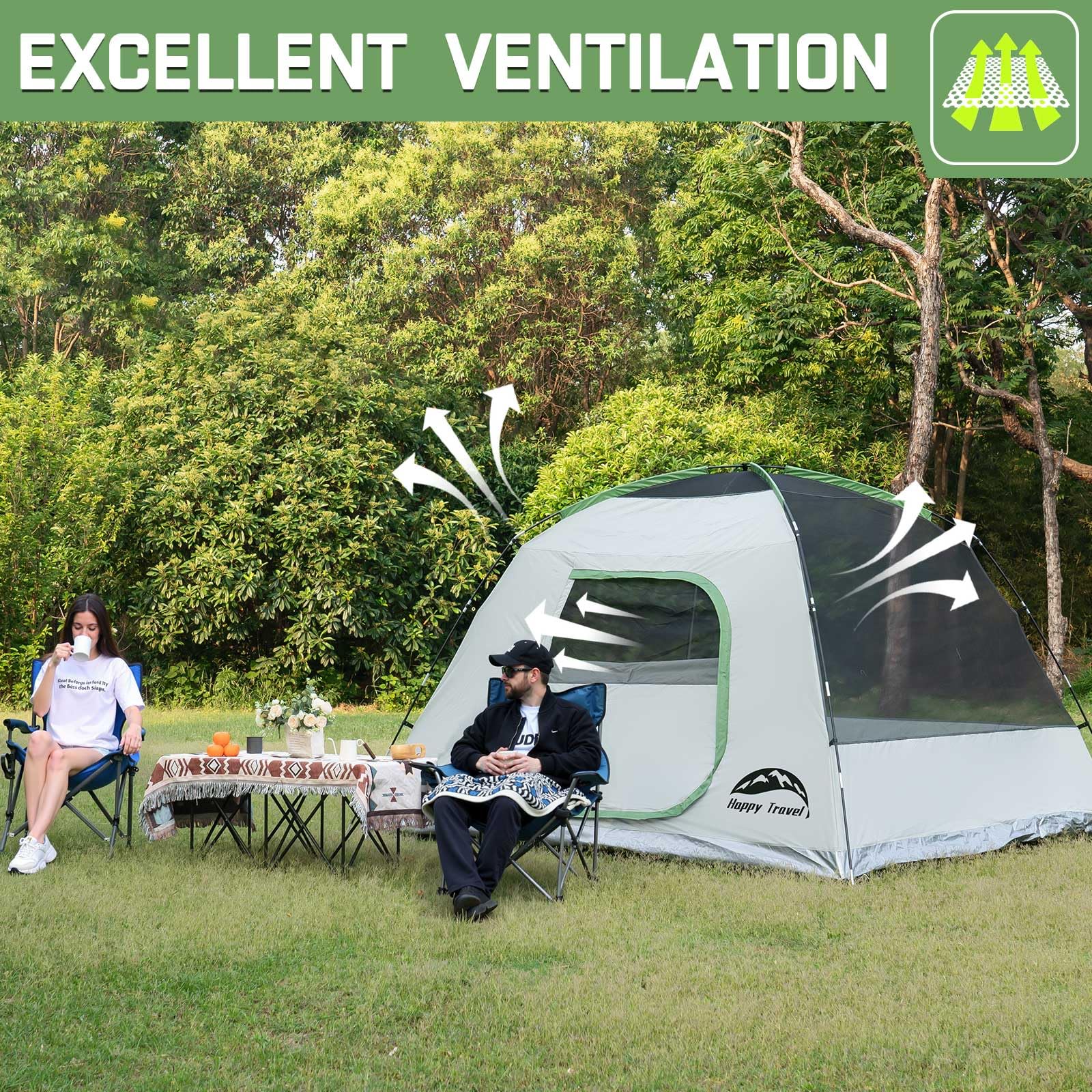 Happy Travel tent durable 11.5mm fiberglass poles withstand wind.