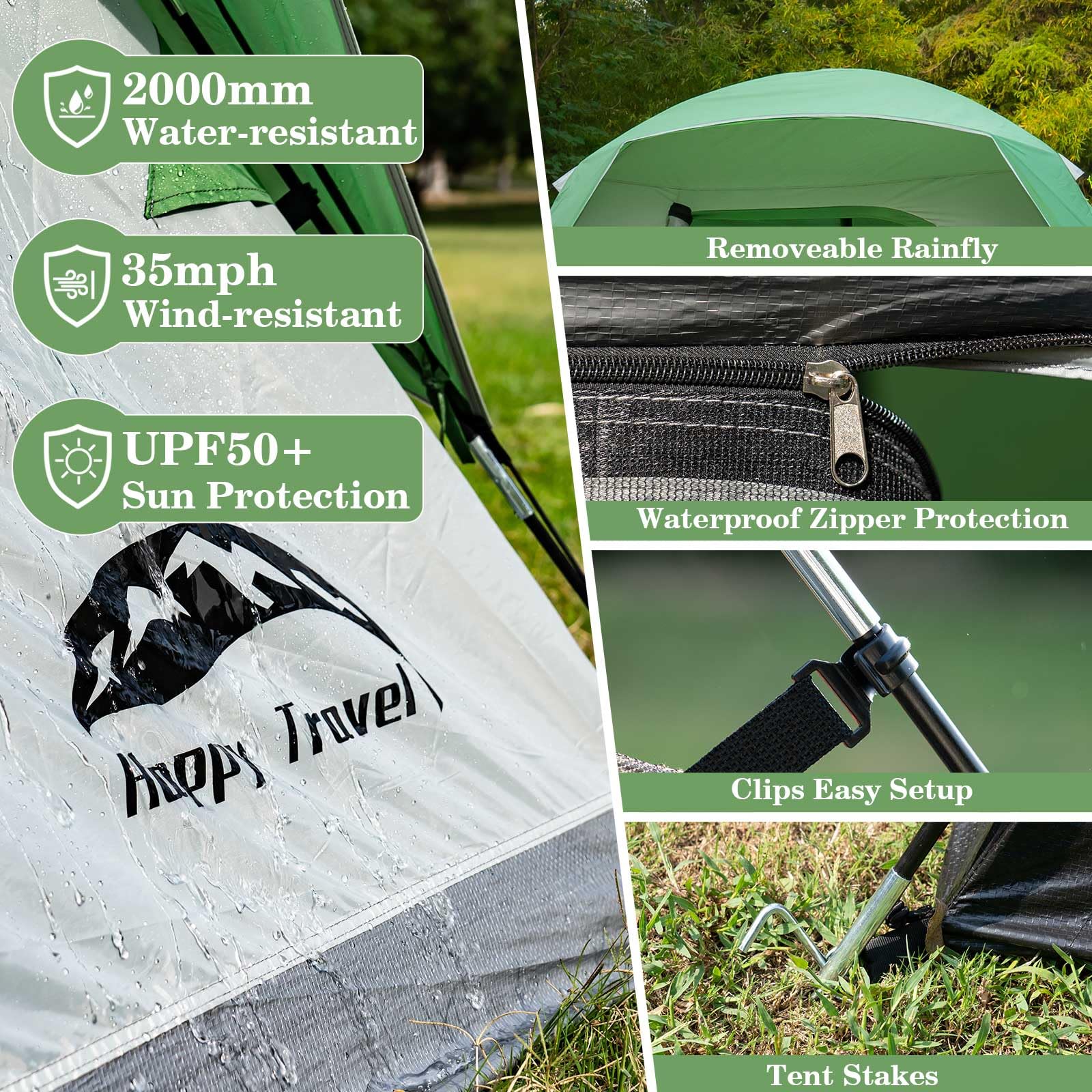 Happy Travel tent easy 3-minute setup for two campers.