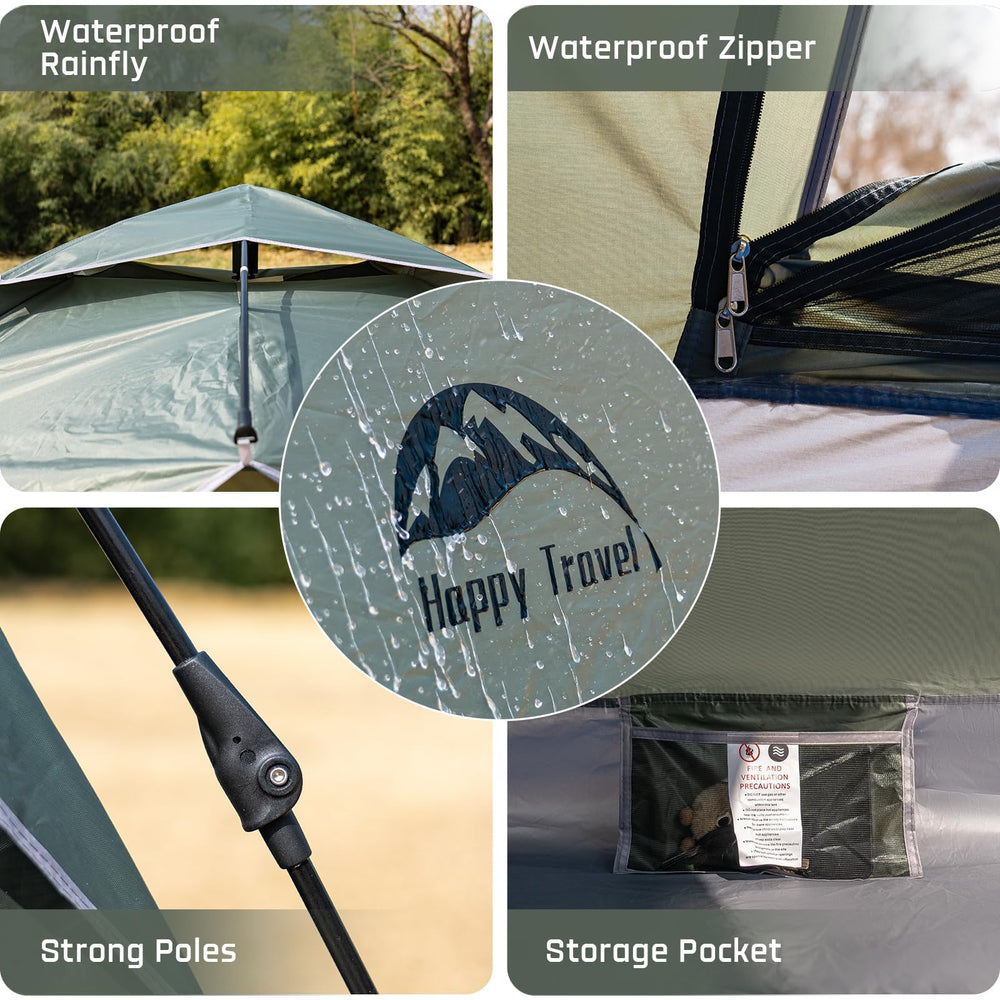 Happy Travel tent family space emphasizes roomy interior for two.